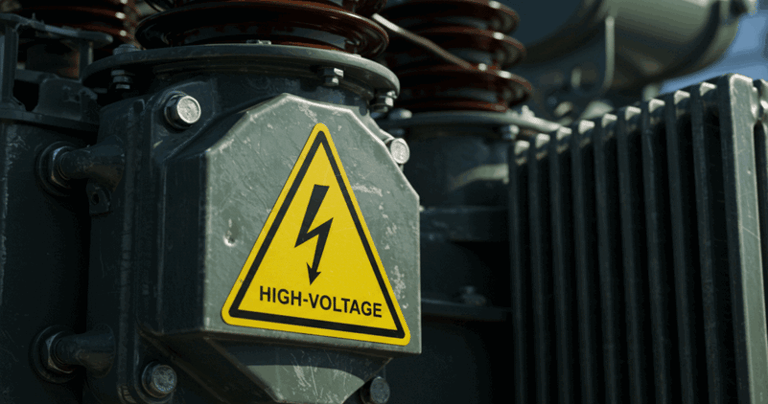 Yellow high-voltage warning sign with a lightning bolt on industrial electrical equipment.