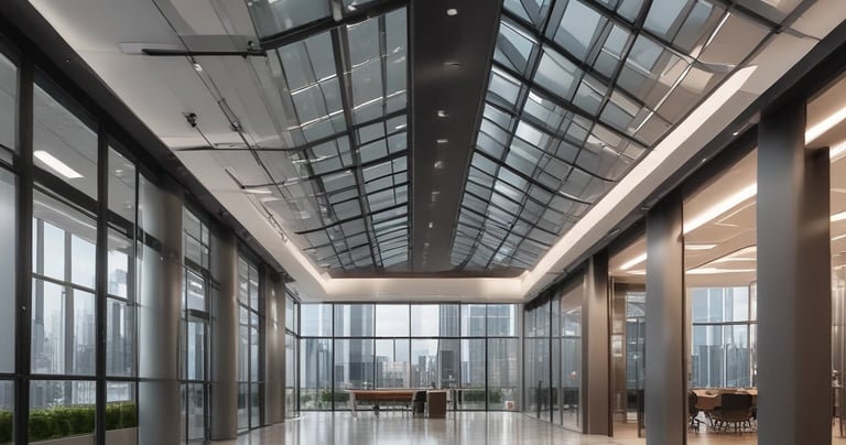 a luxury office building with a glass ceiling with a city skyline visible through the glass