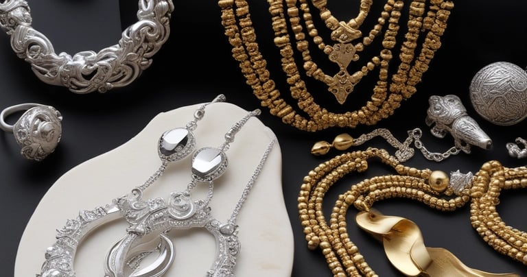 A display case filled with various pieces of gold and silver jewelry, including bracelets and necklaces, arranged in an organized fashion under bright lighting.