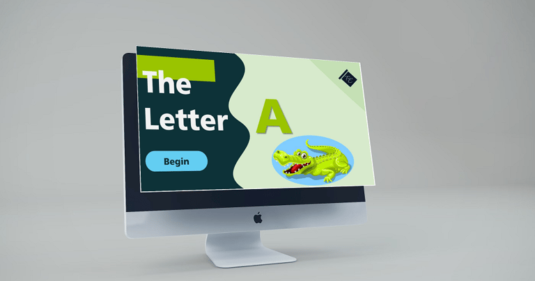 a computer monitor screen displaying a letter a with a cartoon alligator