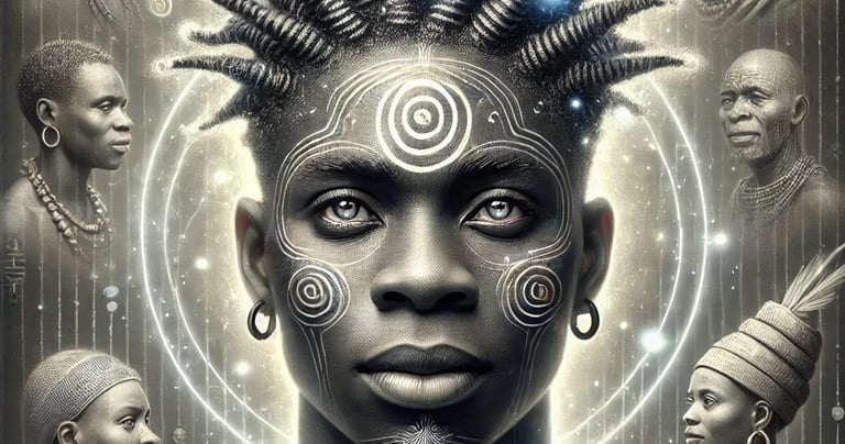 a yound Black God with a beautiful hairstyle and spiritual art dotted around him with trance people 