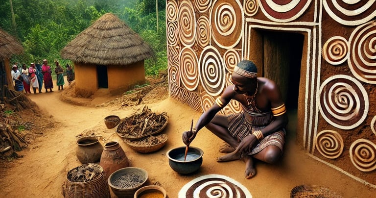 an african village scene with thatch huts aand ceremonial mbari decorated with Uli art. A witch doct