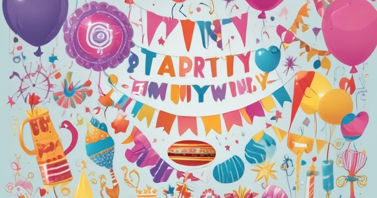 Festive party supplies including balloons, streamers, and hats