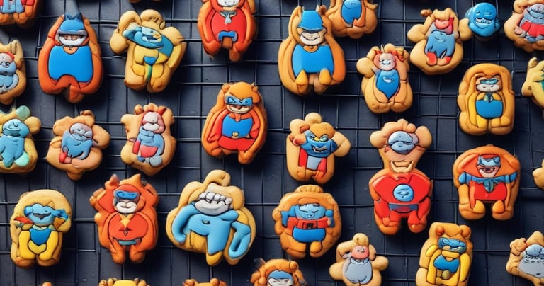 A tray of biscuits shaped like capes and shields, freshly baked and cooling.