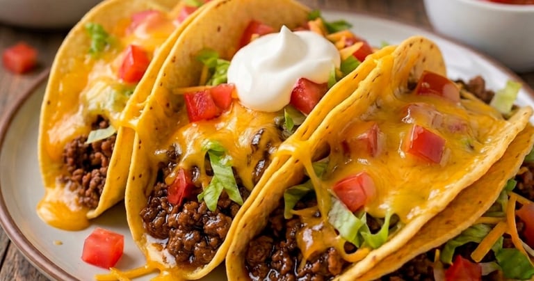 Three ground beef tacos in hard shells with melted cheddar cheese, lettuce, tomatoes, and sour cream.