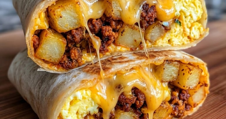 Cheesy breakfast burrito with chorizo, scrambled eggs, and potatoes inside a grilled tortilla.