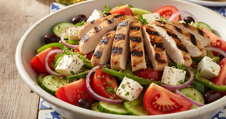 Greek Salad with Grilled Chicken Recipe | Fresh Mediterranean Lunch