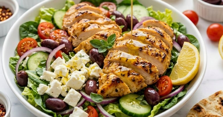 Grilled chicken Greek salad with feta cheese, olives, and cucumbers, drizzled with olive oil dressing.