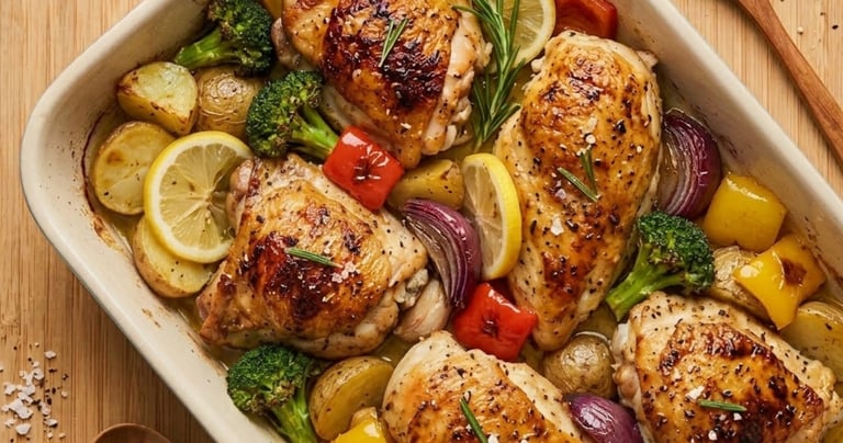 Roasted chicken thighs and breasts with potatoes, broccoli, and peppers in a baking dish.