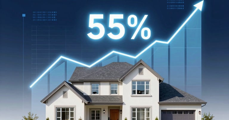 A modern suburban house with a glowing blue upward graph and 55 percent sign representing real estate market growth.