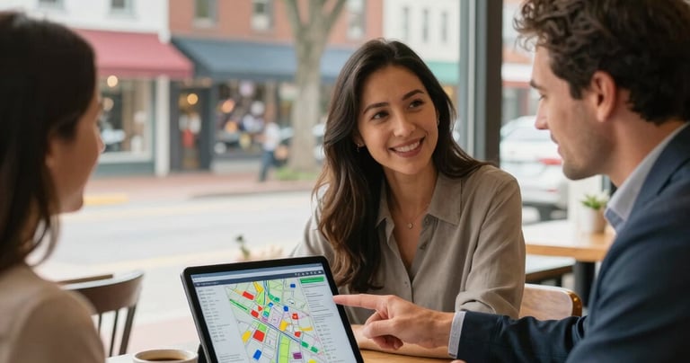 Real estate agent showing a digital property map on a tablet to clients in a bright cafe.