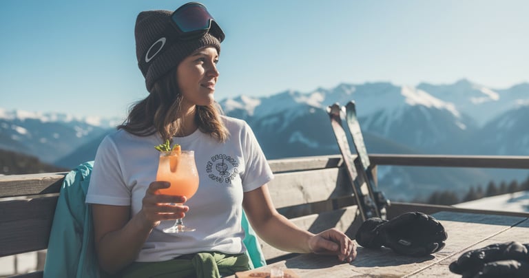 Après-ski mountain lifestyle featuring Dead Cold ski brand t-shirt