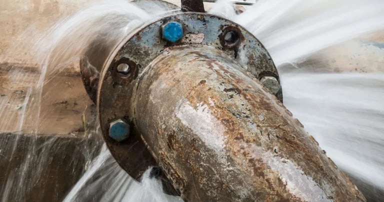 Fuite d'eau sous pression d'une bride rouillée nécessitant un dépannage urgent.
