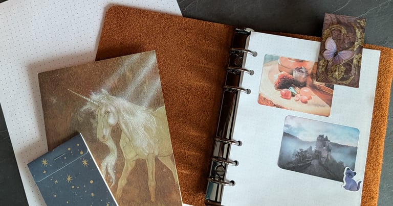 Flat lay of grid dot paper and photo stickers printed on labels in a pile of other journal-making materials.