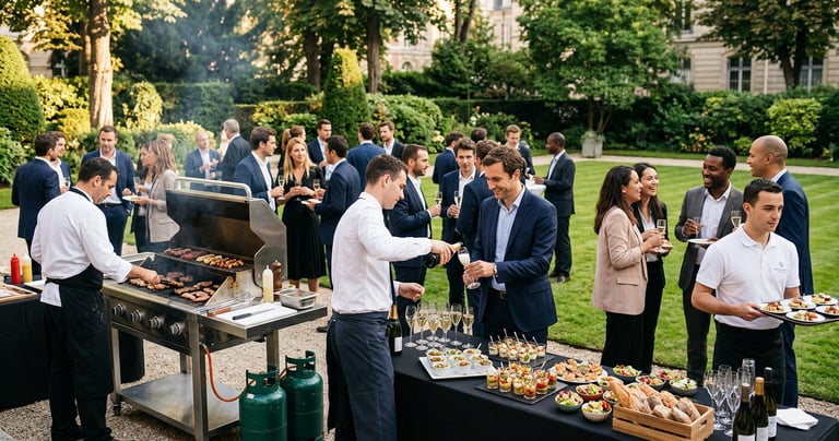 Réception d'entreprise dehors, avec des invités profitant d'un barbecue et d'un service traiteur.