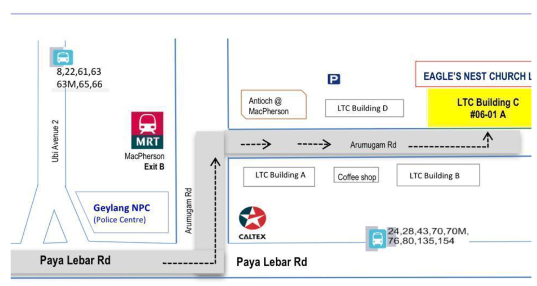 Map of how to reach Eagle's Nest Church from MacPherson MRT