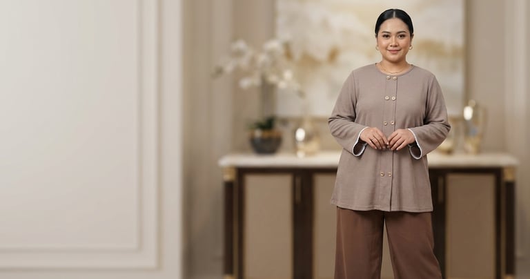 A smiling woman in a modest taupe blouse and brown pants standing in a stylish modern living room.