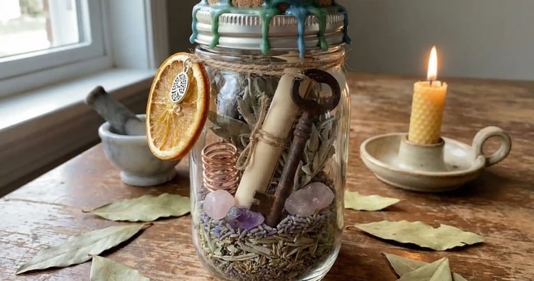 dried herbs in a jar with candles