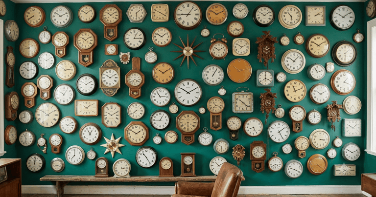 a green wall of clocks of different types, sizes and styles