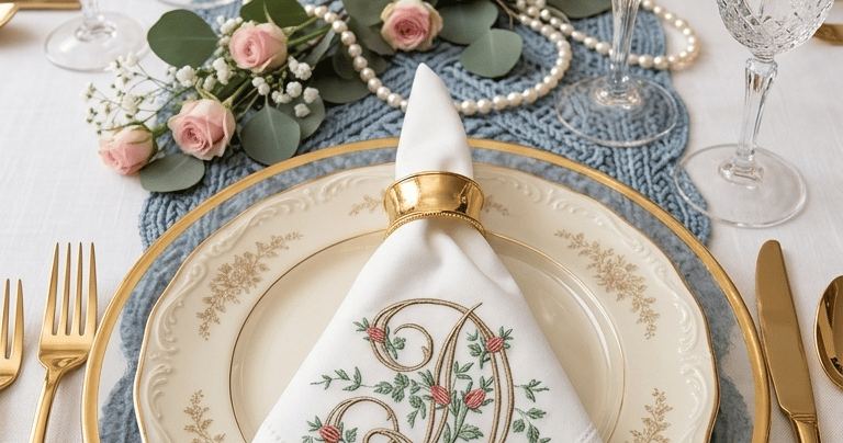 Elegant table setting featuring an embroidered monogrammed napkin on gold-rimmed china with pink roses.