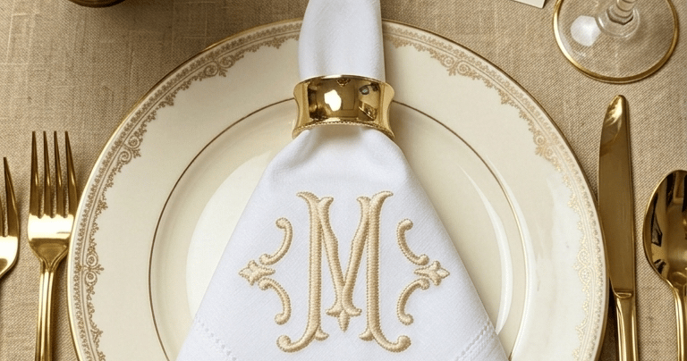 Elegant table setting with a gold monogrammed napkin and luxury dinnerware for a wedding reception.