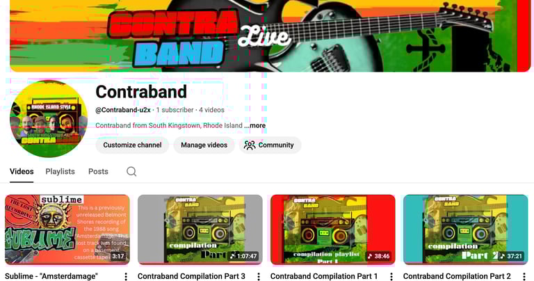 YouTube channel homepage for Contraband, a band from South Kingstown, Rhode Island, featuring music compilation videos.