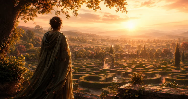 A woman in a flowing green cloak overlooks a vast garden hedge maze during a golden fantasy sunset.