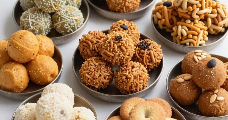 A variety of crunchy snacks and namkeen displayed in bowls.