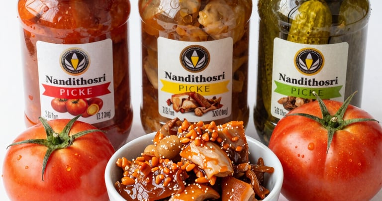 Jars of homemade pickles with vibrant colors and rustic labels.