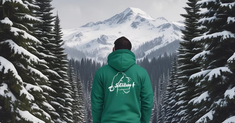 Cozy hoodies hanging on a branch with evergreen trees in the background.