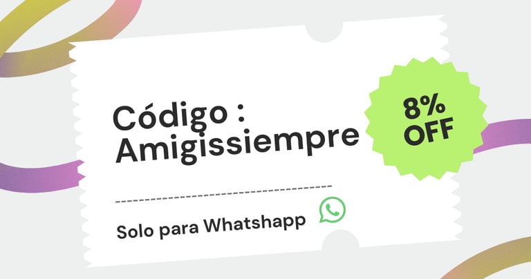 WhatsApp promo coupon offering 8% off with discount code Amigissiempre on a white ticket design.