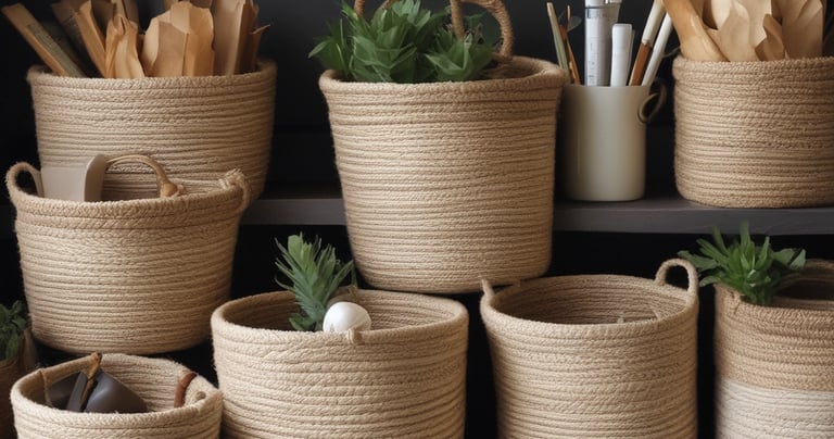 Jute storage baskets neatly stacked on wooden shelves in a bright room