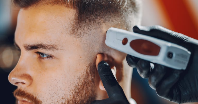 Professional barber using electric hair clippers to give a man a precise skin fade haircut.