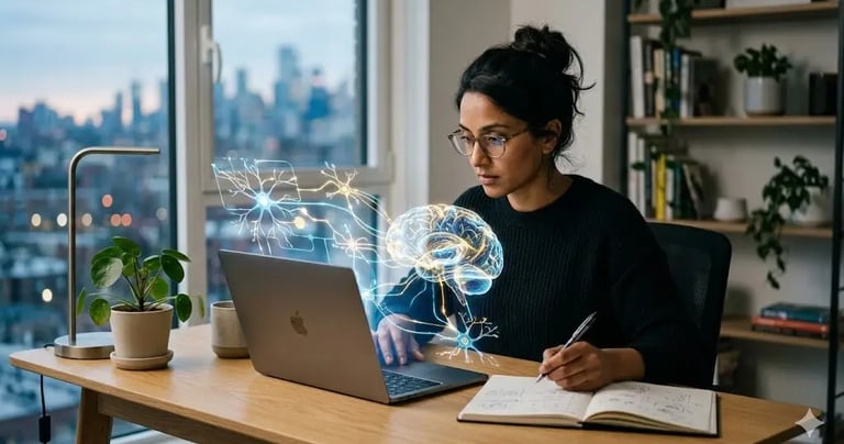une femme devant son ordi qui prend des notes
