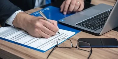 a man in a suit and tie is writing on a paper