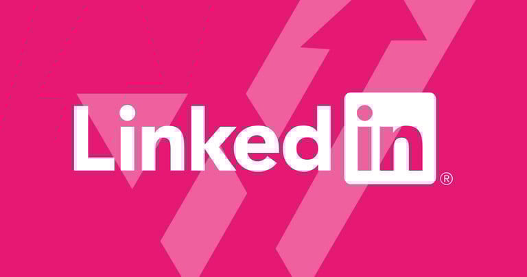 LinkedIn logo in white on a bright pink background with abstract arrow shapes