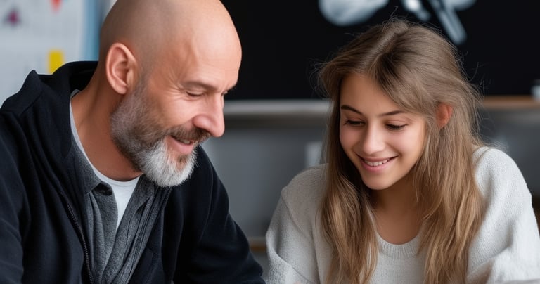 A smiling teacher helps a young student with a scientific writing in a classroom.
