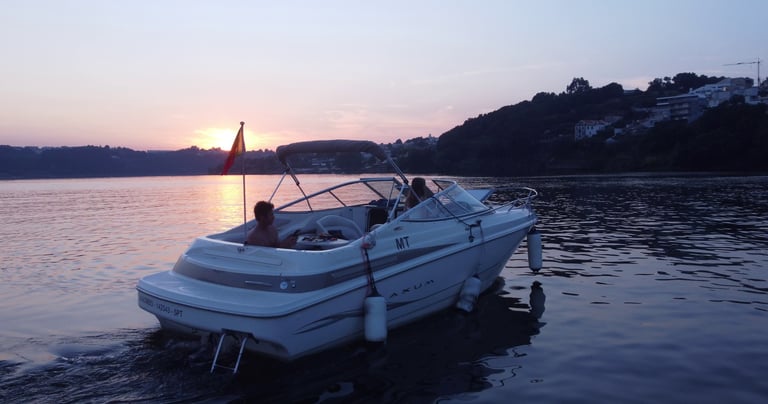 Private cabin cruiser cruising on the Douro River in Porto