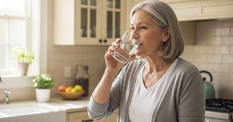Pessoa com mais de 50 anos mantendo hábitos saudáveis em casa, segurando copo de água em cozinha clara e moderna.