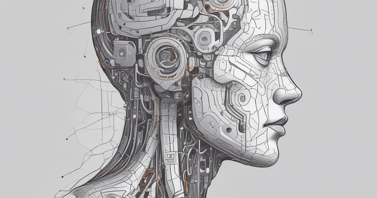 A futuristic and digital-themed image features a stylized circuit board with the words 'Open AI' in bold, glowing letters. Above it is a design that resembles an AI or robot face with neon accents. The background consists of a network of interconnected blue lines and nodes, suggesting themes of technology and connectivity.