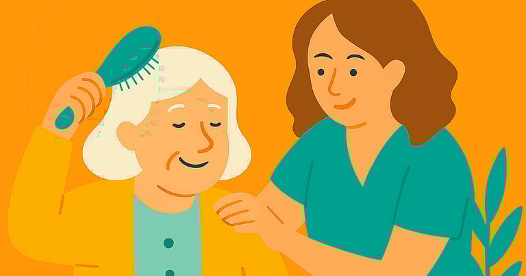 Persona ayudando a peinarse a una persona mayor.