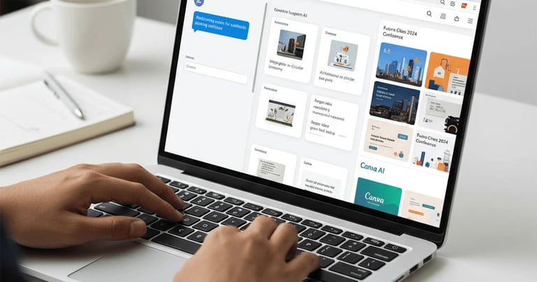 Person working on a laptop designing a webpage or digital marketing layout in a clean workspace