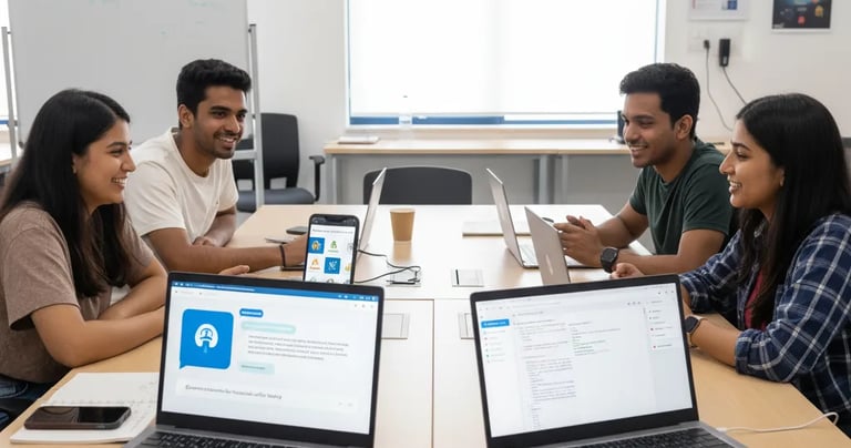 Students discussing AI applications while working on laptops in a meeting room