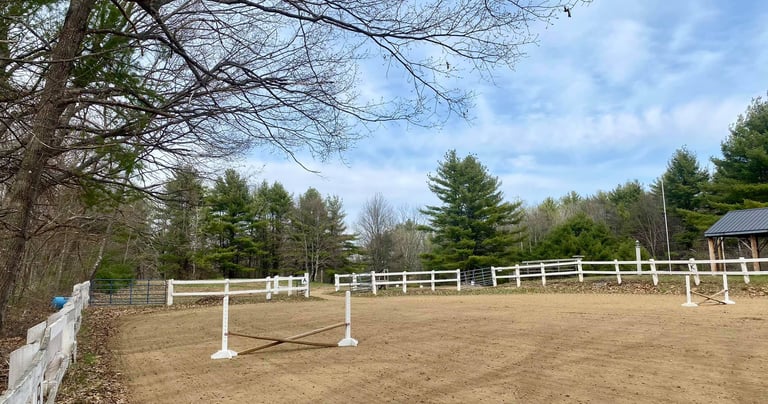a horse riding arena white fenced in area with trees