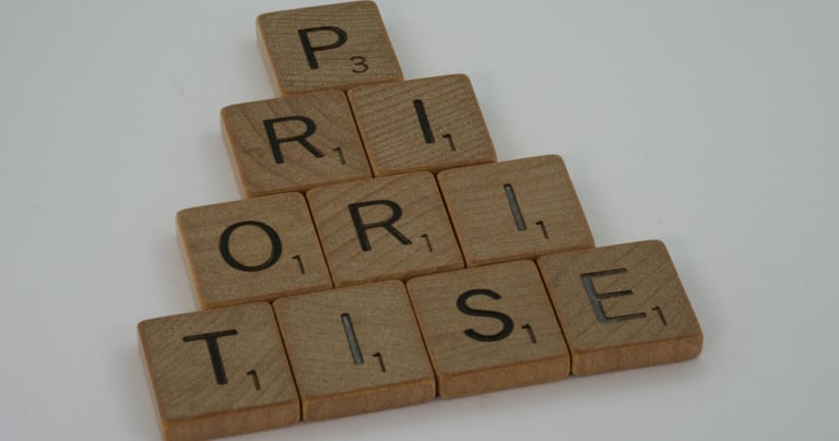 a pyramid shaped wooden block with the words prioritise