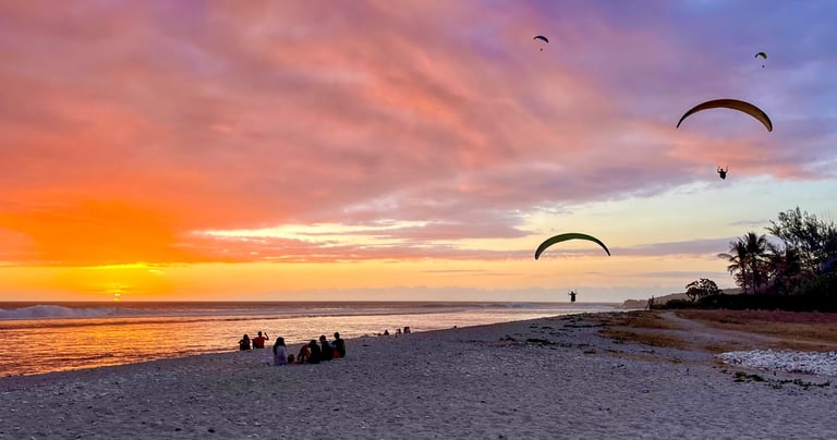 Plusieurs parapentistes atterrissent sur la plage et volent au dessus de l'océan