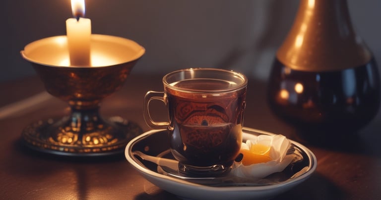 A steaming cup of herbal tea on a wooden table.