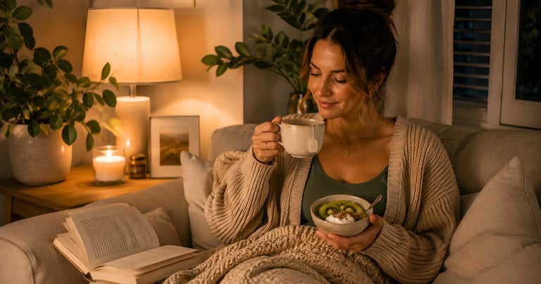 A woman relaxing on a sofa with a book, hot tea, and healthy breakfast bowl in a cozy room.