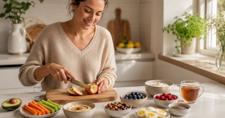 Smiling woman preparing a healthy snack by slicing a fresh apple on a wooden board in a bright kitchen.
