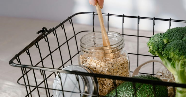 Healthy basket with oats, broccoli, avocado